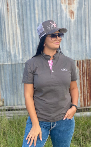 Grey and pink frill neck polo